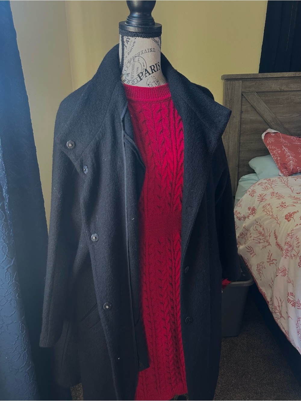 Cynthia Rowley Black Pea Coat with Red Layering Accent
